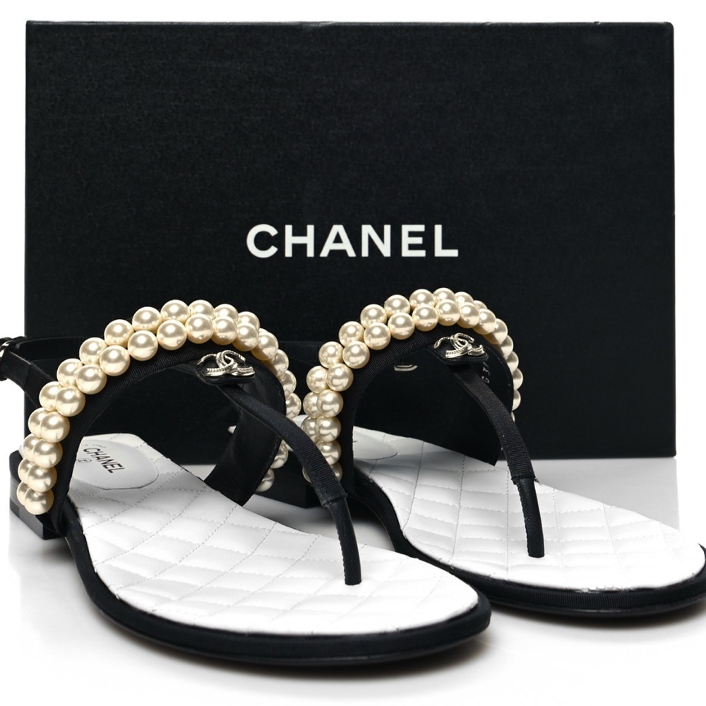 Chanel Black and White Pearl Embellished Sandals